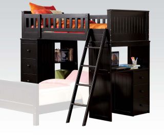 Willoughby Kids Girls Boys Cottage Black Wood Twin Loft Bed with Chest Hutch