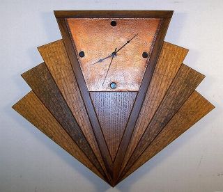 Art Deco Machine Age Fan Wall Clock Tiger Oak Copper Made in USA