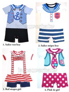  Sailor Marine Baby Twins Boy Girl Print Romper Outfit 6 24 M