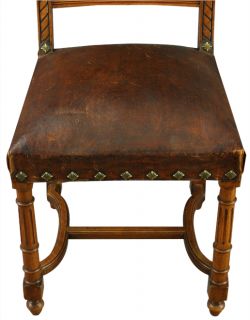 Set 4 Antique French Gothic Revival Dining Chairs Worn Leather Carved Walnut