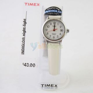 Women Ladies Timex T2H391 Leather Waterproof Indiglo Quartz Wrist Watch White