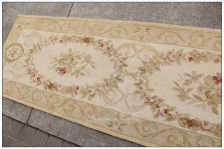 Blue Ivory w Pink Rose Aubusson Area Rug Free SHIP Wool Woven Shabby French Chic