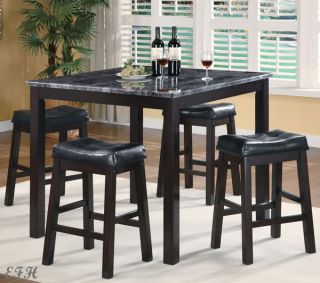 New 5pc Sophia Faux Marble Top Black Finish Wood Counter Height Dining Table Set