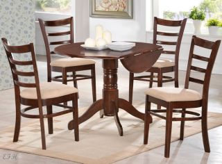 New 5pc Drew Round Dark Brown Cherry Finish Wood Dining Table Set Drop Leaves
