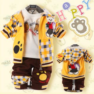 Cool Baby Boy Winter Fall Bear Outfits Set Suit Coat Outerwear T Shirt Clothes