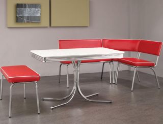 New Retro 5pc Chrome Metal Corner Nook 1950s Dining Table Set Black Red Chairs