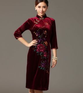 Chinese Women's Handmade Prints Mini Dress Cheongsam Burgundy 6 8 10 12 14