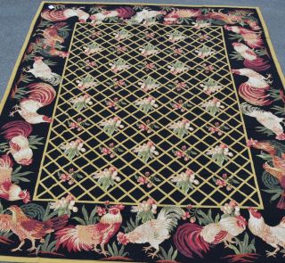 9'x12' French Country Rooster Hen Eggs Foliage Trellis Needlepoint Black Rug