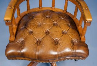 Antique English Leather Captains Style Office Desk Arm Chair Swivels Adjustable