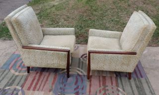 2 Lounge Chairs 1960's Designer Fabric Walnut Wood Mid Century Modern