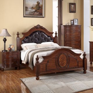 Traditional Cherry Wood Button Tuft Faux Leather Headboard Posts Queen King Bed
