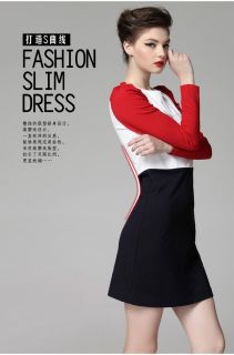 New Womens European Fashion Crewneck Splicing Chic Long Sleeve Dress s M L B562
