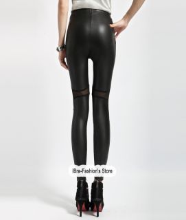 Sexy Black Faux Leather Gothic Leggings Side Sheer Skinny Leggings Pants Clubing
