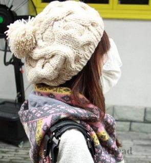 Stylish Knit Beret Braided Baggy Women Girl Crochet Ski Beanie Ball Wool Hat Cap