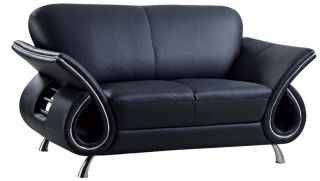 Modern Contemporary Sofa Loveseat Chair Bonded Leather Black Chrome Accents