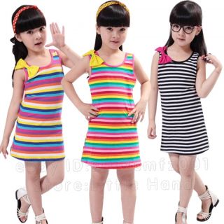 Girls Rainbow Stripe Dress Kids Big Bowknot Casual Slim Vest Dress Sz 3 10 Years