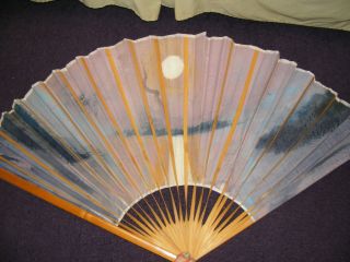 Large Asian Wall Fans 35" x 58" Opened Hand Painted Birds Tree