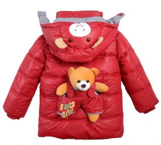 Boys Baby Girls Bear Hoodies Coat Kids Back 3D Bear Winter Warm Quilted Snowsuit