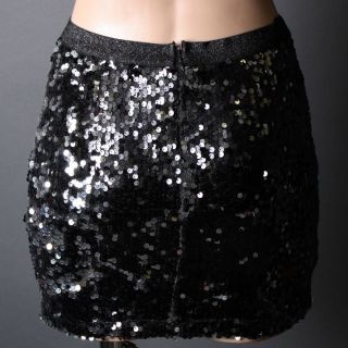 Black Silver Sequins Embellished Party Clubwear Stretch Fitted Mini Skirt Size S