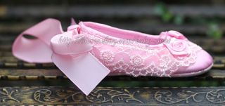 Baby Girl Pink Lace Trim Crib Shoes Rose Ballerina Slippers Newborn to 12 Months
