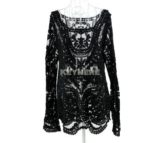 Women Lady Sexy Hollow Floral Lace Pullover T Shirt Knit Crochet Tops Blouse K0E