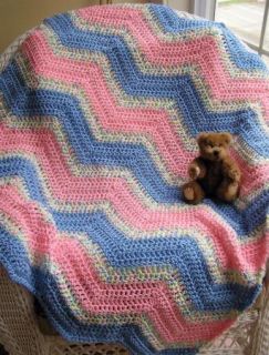 Chevron Zig Zag Crochet Knit Handmade Baby Blanket Afghan Wrap Pink Blue Ripple