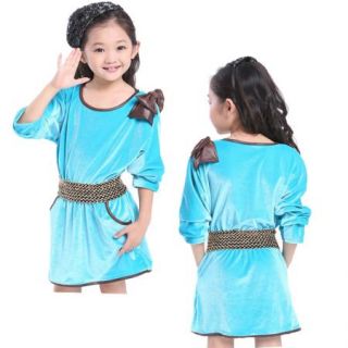 Girls Velet Dress Bow Bat Wing Long Sleeve Kids Party Pageant 8 9Y Clothes Belt