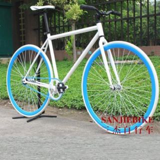 New Fixed Gear Bike White Frame 46cm Blue Rim Tyre 700x23c Fixee 2 0