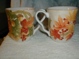 S 2 222 Fifth Porcelain "Autumn Celebration" Coffee Mugs Cups Hand Painted New