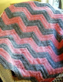 Baby Blanket Afghan Wrap Chevron Ripple Handmade Crochet Vanna Pink Silver Grey