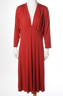 Maggy London Red Long Sleeve V Neck Pleated Mid Calf Shift Dress Size 16