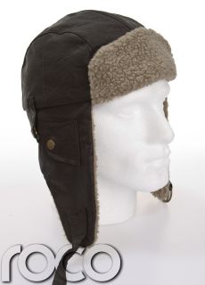 Mens Brown Faux Leather Faux Fur Style Trapper Hat Warm Russian Winter Hat