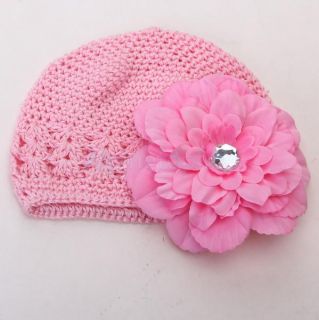 Pink Handmade Crochet Beanie Cap Hat Rhinestone Flower Hairclip Headwear Set