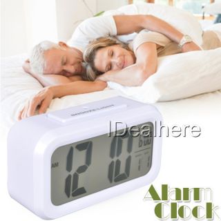 White LCD Display Digital Date Time Black Alarm Snooze Clock Blue LED Light