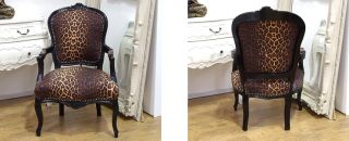 Louis French Shabby Chic Lounge Dining Chair Leopard Print Fabric Black Frame