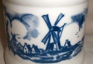Vintage Blue White Milk Glass Dutch Scene Cigar Jar with Plastic Lid