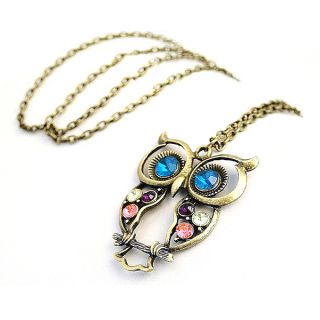 Women Vintage Rhinestone Owl Pendant Long Chain Necklace Fashion Jewellery Gift