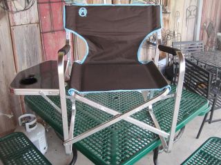 Coleman Portable Folding Deck Chair with Table Brown Blue Trim