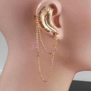 New Punk Metal Wind Texture Feather Style Ear Cuff Wrap Clip Stud Earring Gold