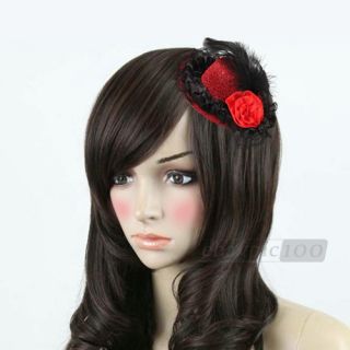 Feather Hair Clip Lace Flower Red Mini Top Hat Party Lolita Cosplay Goth