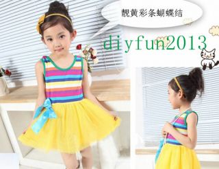 Girl Kids Party Rainbow Tulle Stripe Bowknot Princess Tutu Mini Dress 5 Colors
