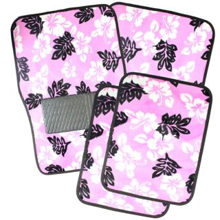 17pc Set Black Seat Cover Steering Wheel Belt Pad Hawaii Floral Pink Floor Mat