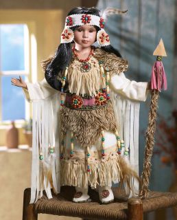 Native American Indian Young Girl in Faux Buckskin Porcelain Doll Nadie 18"H
