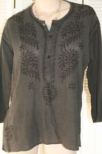 Vintage Mexican Gauze Hippie Boho Cotton Embroidered Top Peasant Shirt SH2