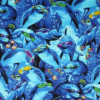 Timeless Treasures Dolphins with Sunglasses Blue Novelty Cotton Quilt Fabric Yd