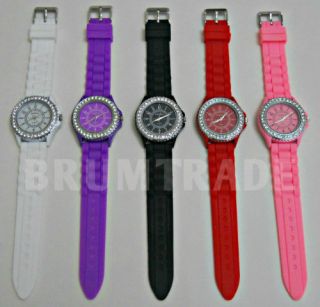 New Fashion Silicone Bling Crystal Quartz Bracelet Watch Women Girls Pink