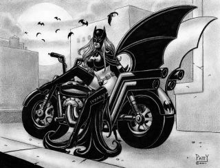 Sean Patty Original Art Batgirl on Motorcycle Batwoman Femme 8 5"x11" 2011
