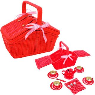 Brand New 18 Piece Childrens Play Wicker Picnic Basket Toy Tea Set Red