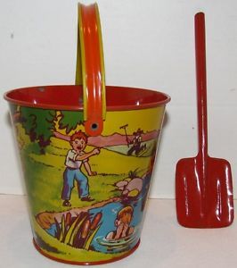 Kids at The Swimming Hole Tin Sand Pail US Metal Toy Co Old Store Stock