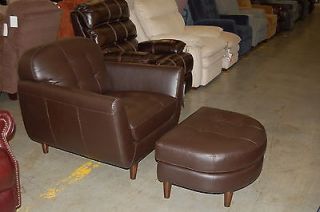 Flexsteel Furniture Brown Leather Modern Arm Chair Ottoman Set w Tapered Legs